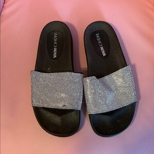 Fashion Nova Black Slides with Silver Rhinestone Strap